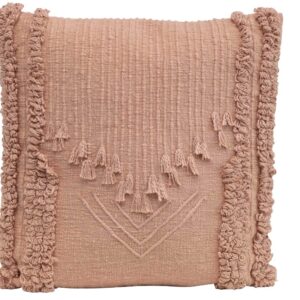 22" Square Cotton Embroidered Pillow w/ Applique & Fringe. Putty Color VAT $72.88