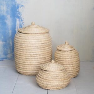 14-1/2"Round Hand- Woven Straw Baskets w Lids- Natural VAT $319.00